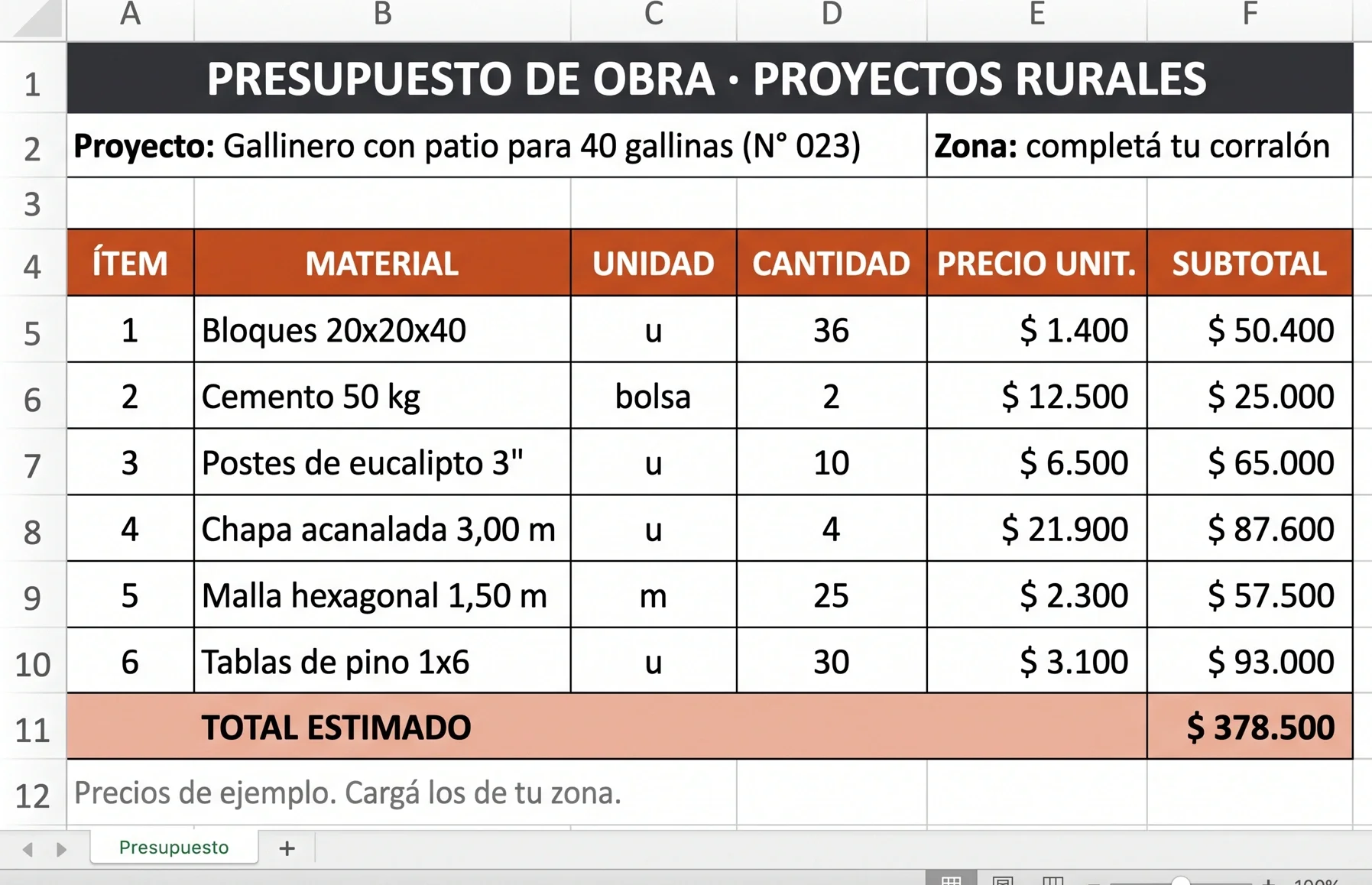 Planilla de presupuesto con el total de una obra