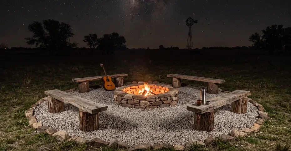 Fogonero con bancos de troncos de noche en el campo